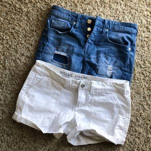 Blue high waisted denim and white midi shorts